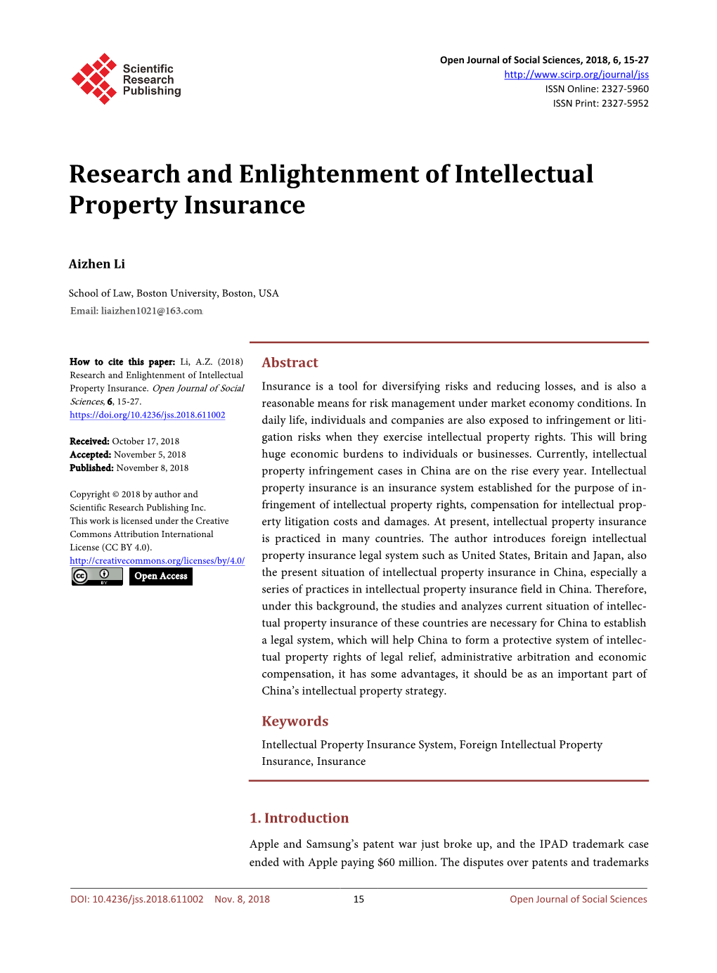 Research and Enlightenment of Intellectual Property Insurance