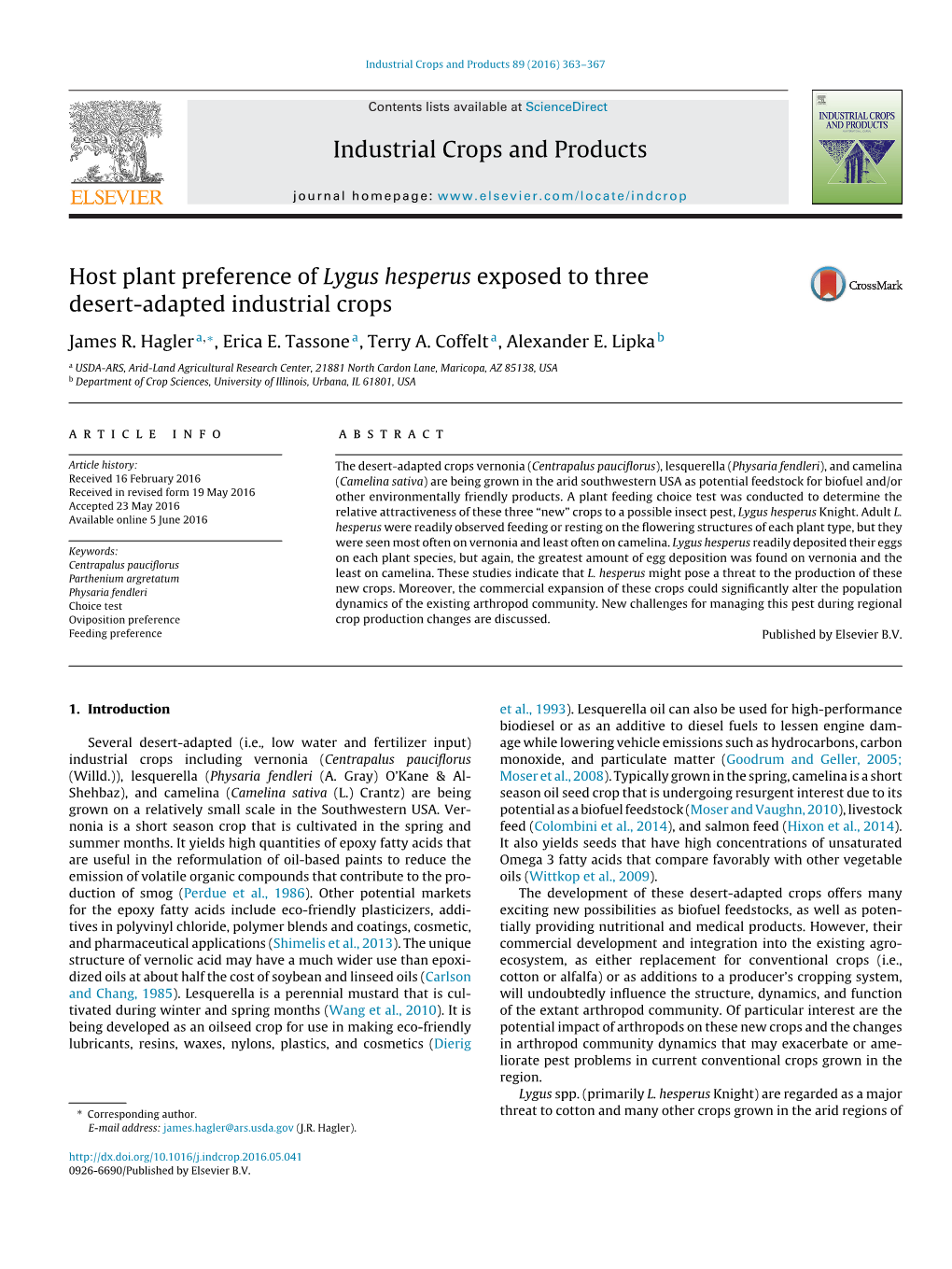 Host Plant Preference of Lygus Hesperus Exposed to Three Desert-Adapted Industrial Crops