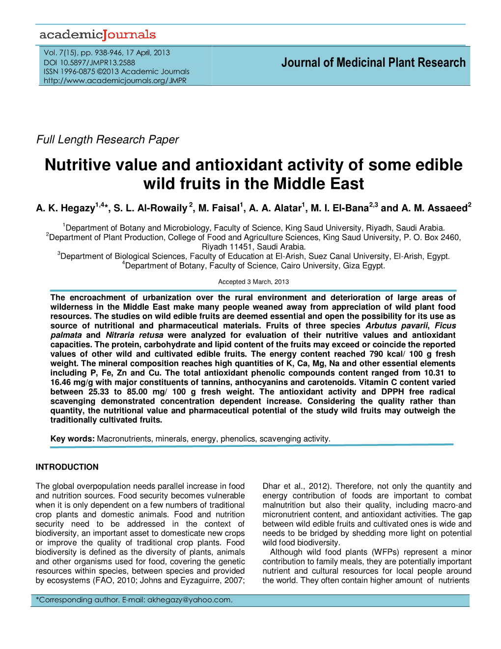 Nutritive Value and Antioxidant Activity of Some Edible Wild Fruits in the Middle East