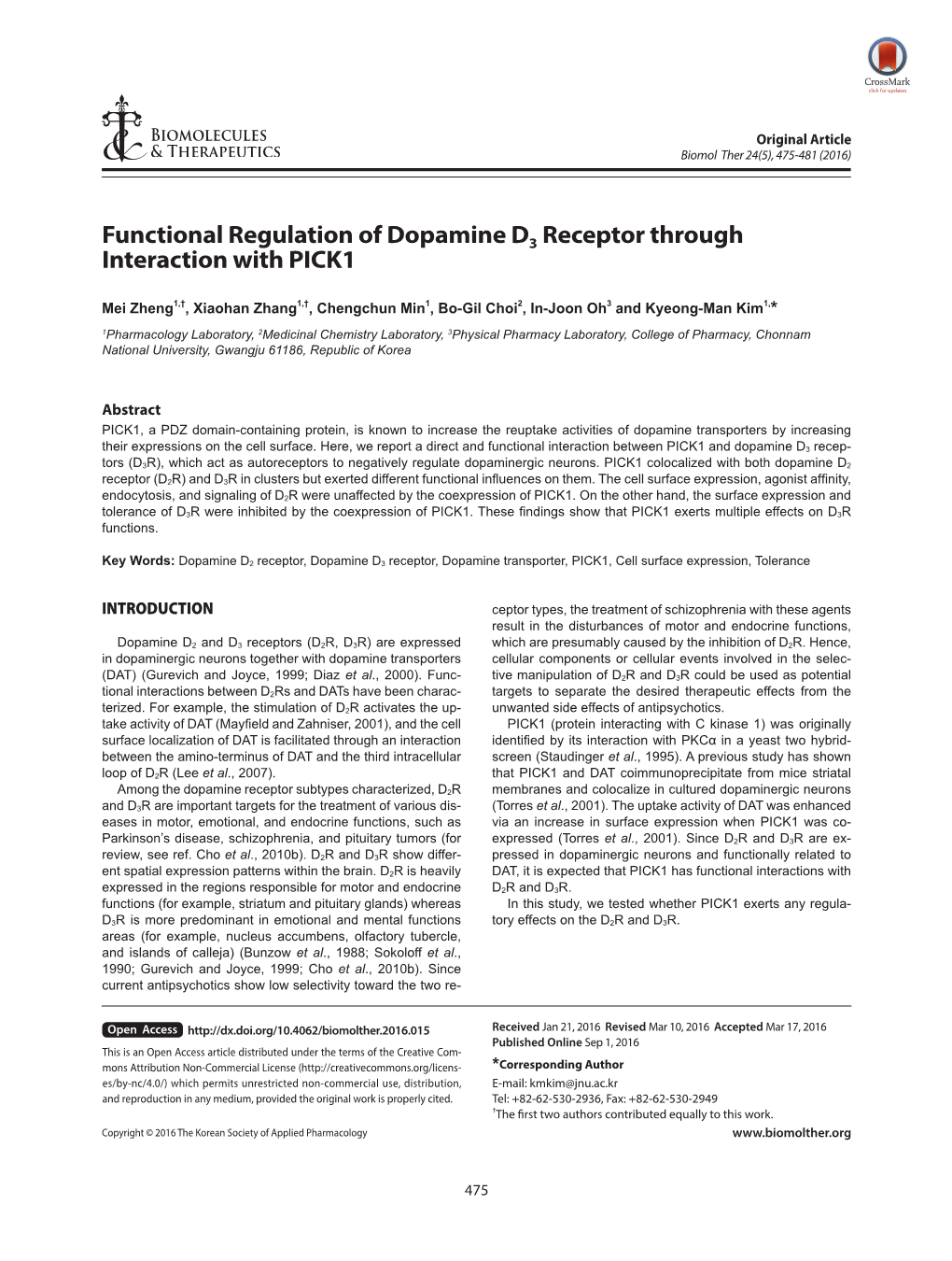 Functional Regulation of Dopamine D3 Receptor Through Interaction with PICK1