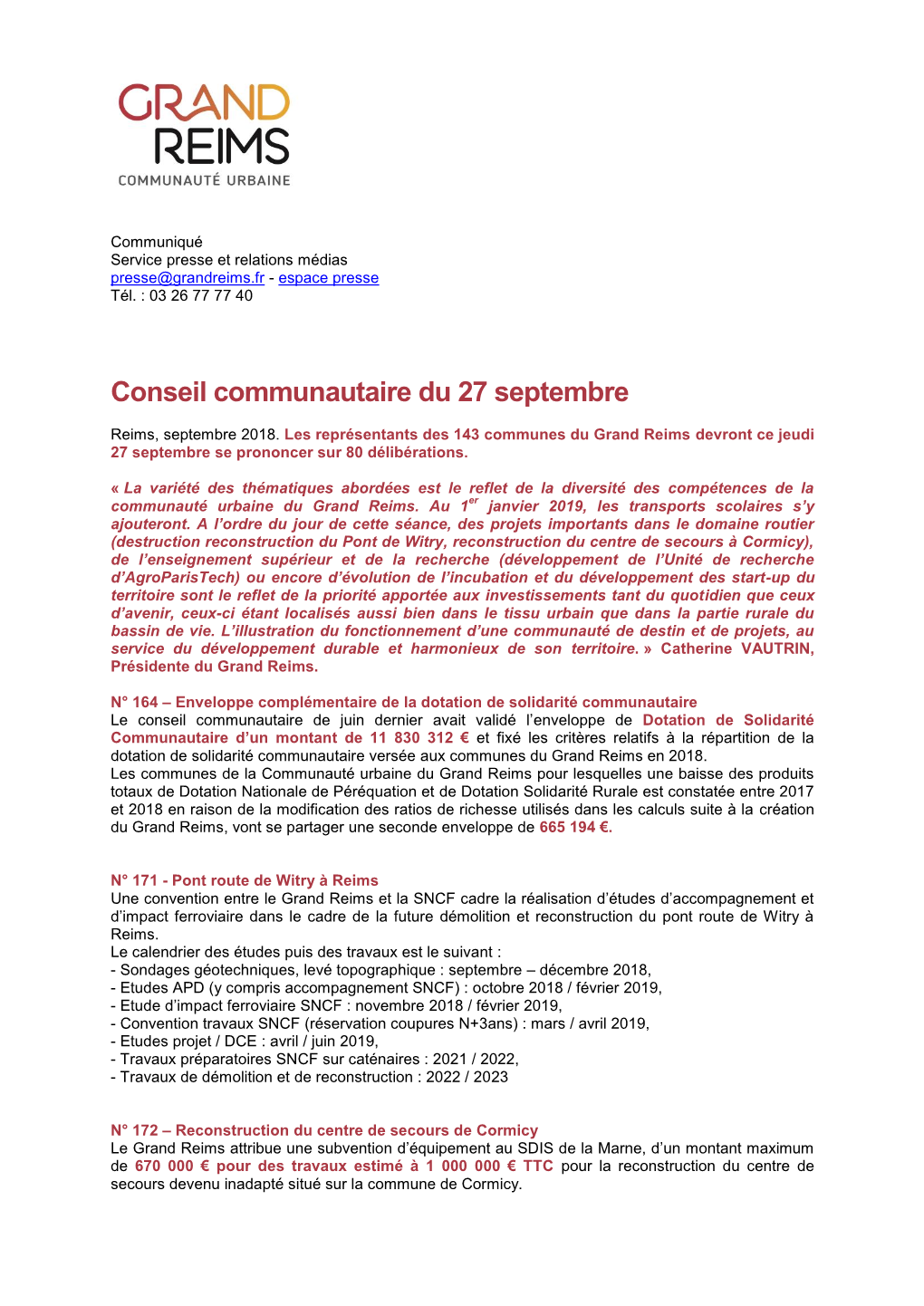 Conseil Communautaire Du 27 Septembre