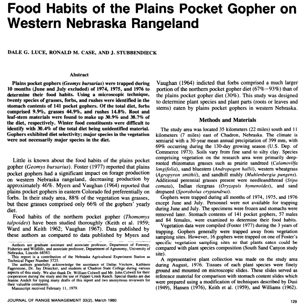 Food Habits of the Plains Pocket Gopher on Western Nebraska Rangeland