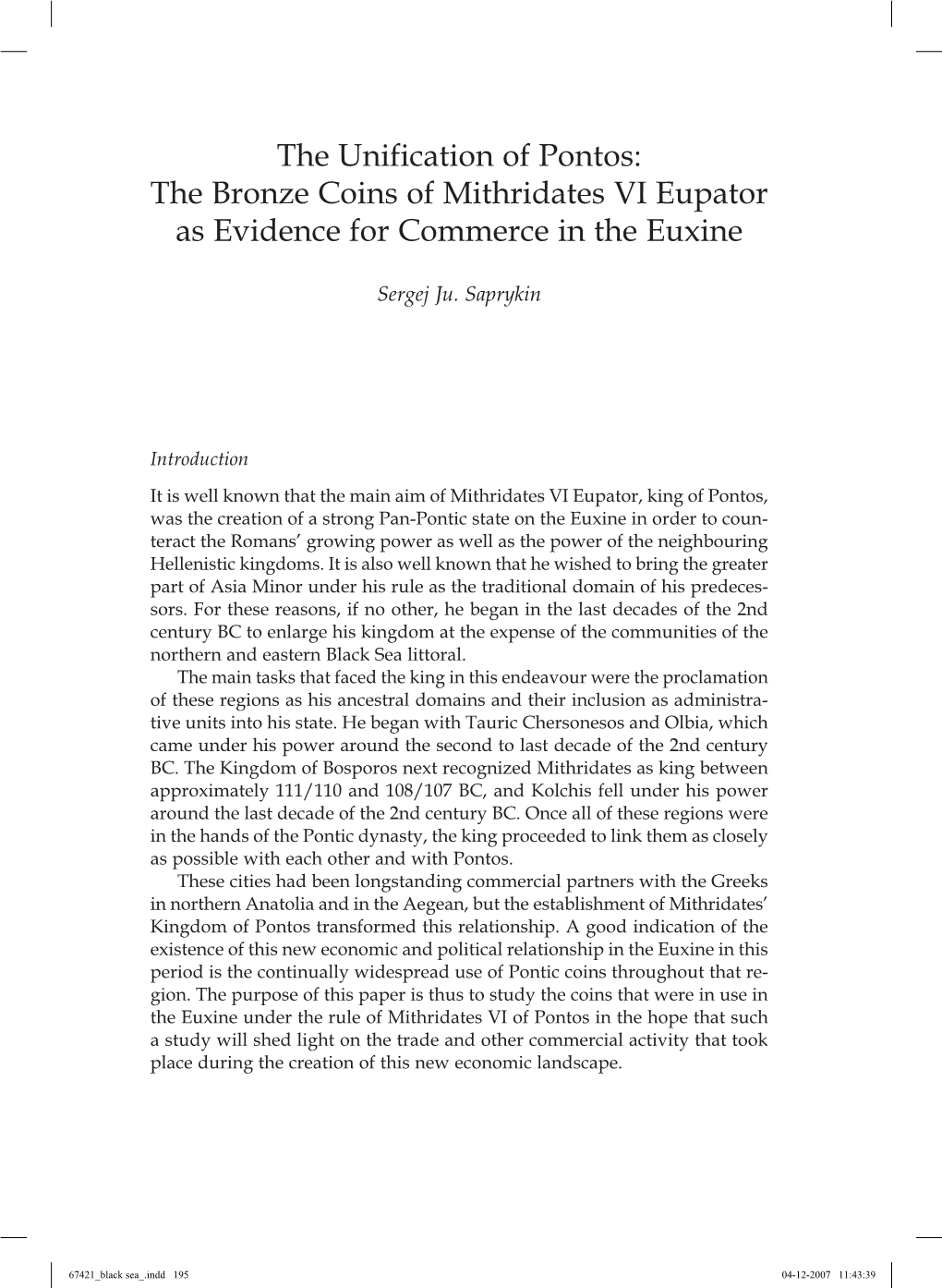 The Unification of Pontos: the Bronze Coins of Mithridates VI Eupator As Evidence for Commerce in the Euxine