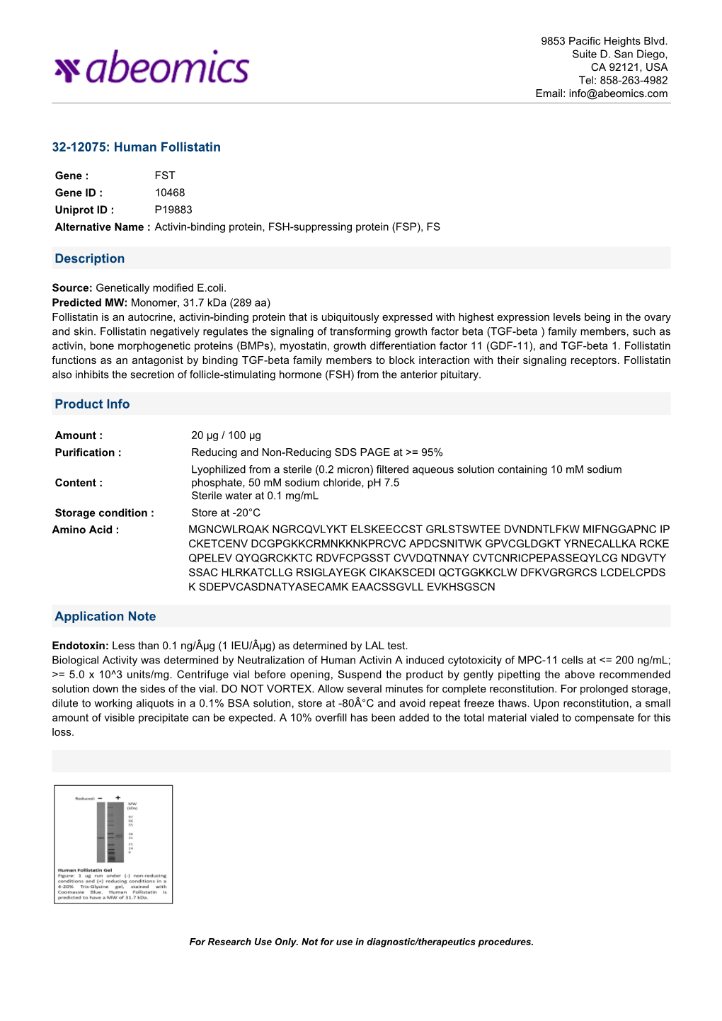 32-12075: Human Follistatin Description Product Info