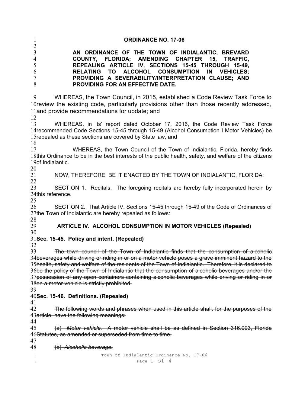 An Ordinance of the Town of Indialantic, Brevard County, Florida; Amending Chapter 15