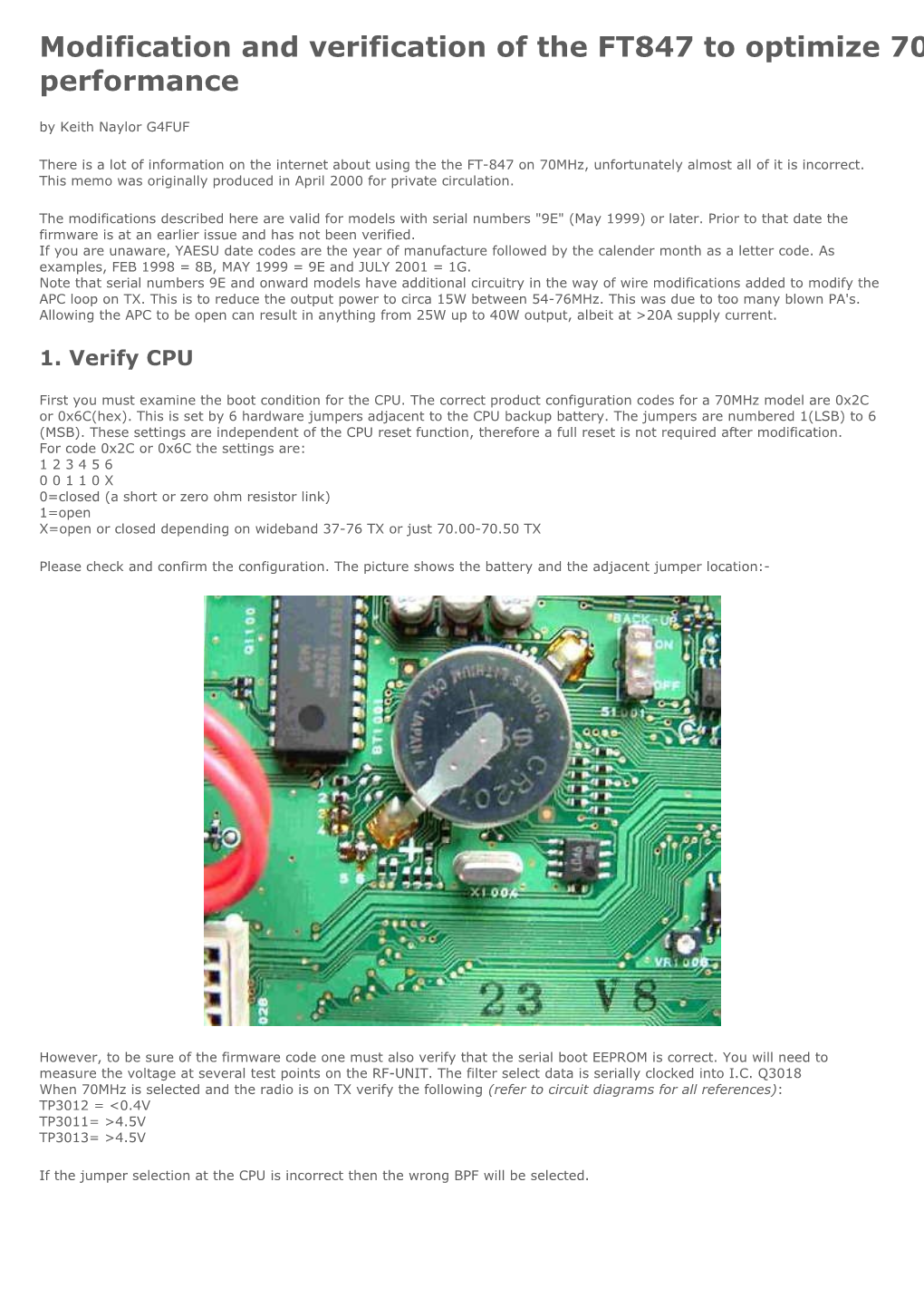 Modification and Verification of the FT847 to Optimize 70Mhz Performance