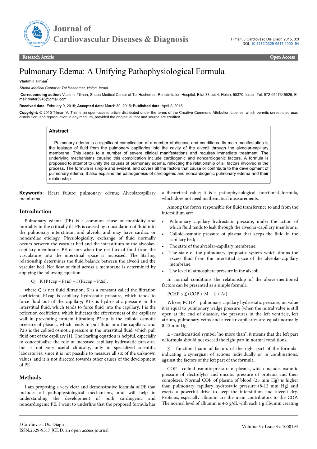 Pulmonary Edema: a Unifying Pathophysiological Formula
