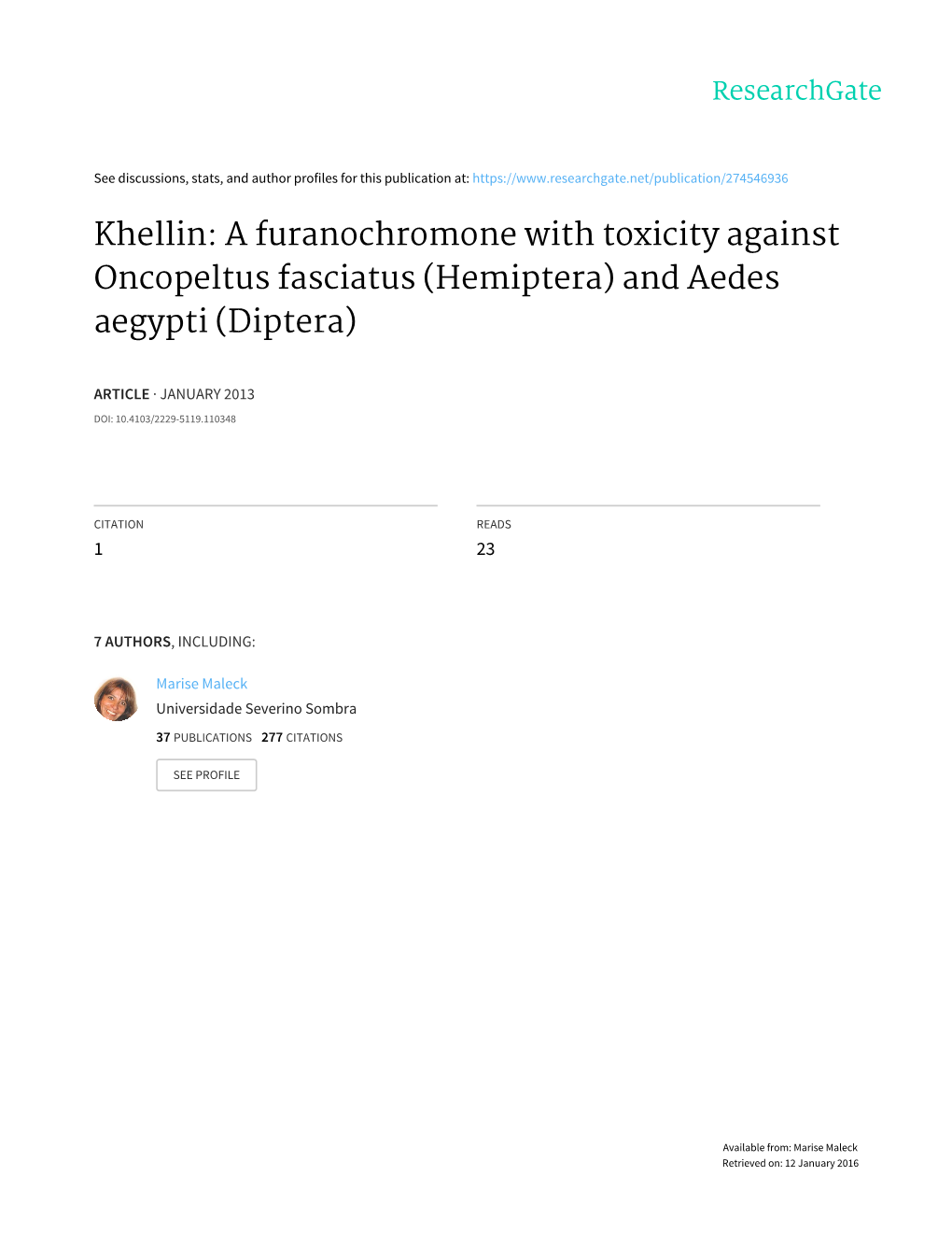 Khellin: a Furanochromone with Toxicity Against Oncopeltus Fasciatus (Hemiptera) and Aedes Aegypti (Diptera)