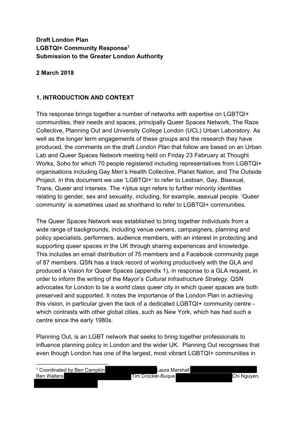 Draft London Plan LGBTQI+ Community Response1 Submission to the Greater London Authority