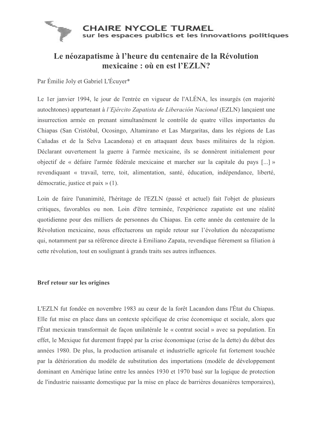 Le Néozapatisme À L'heure Du Centenaire De La Révolution Mexicaine