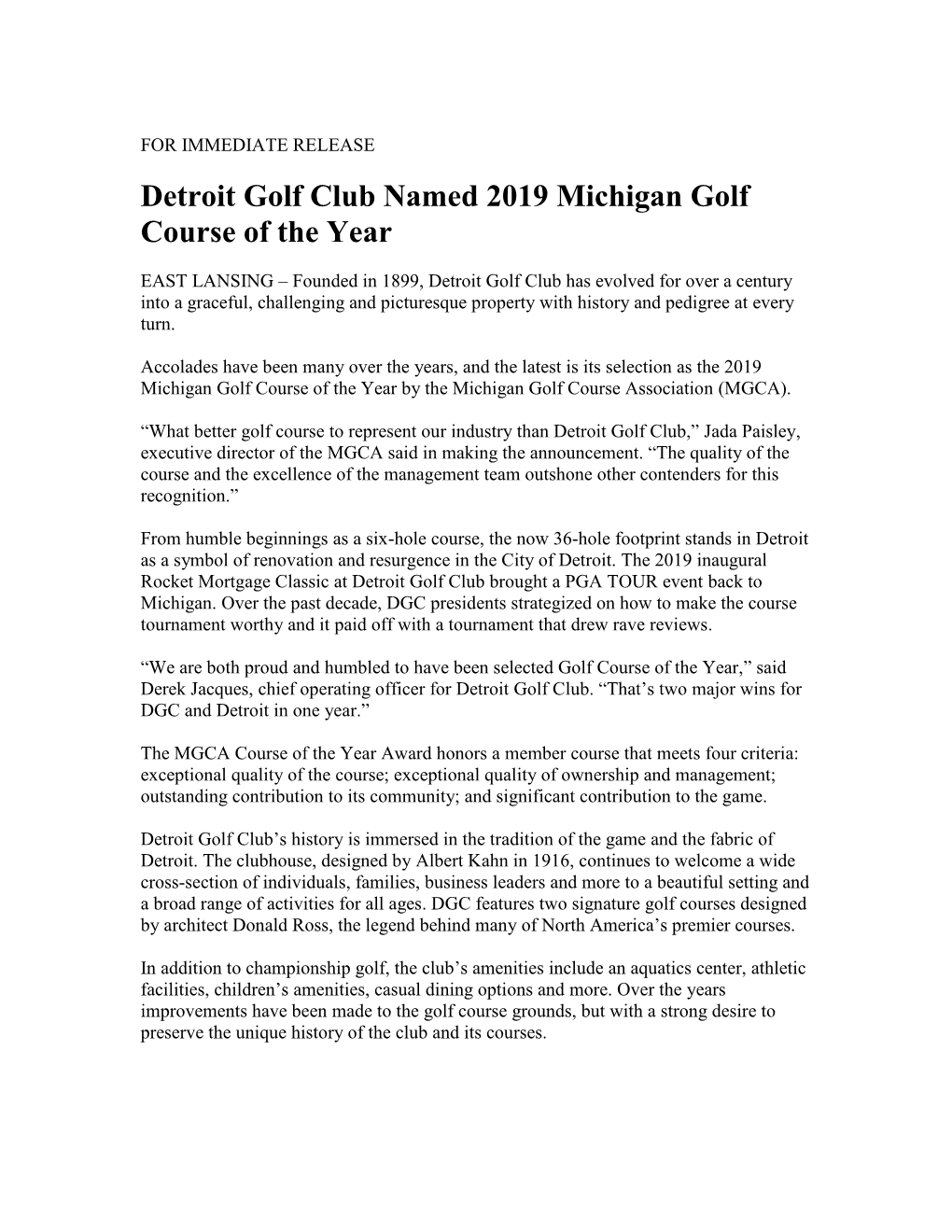 Detroit Golf Club Named 2019 Michigan Golf Course of the Year