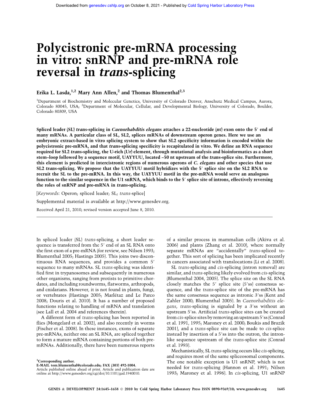 Polycistronic Pre-Mrna Processing in Vitro: Snrnp and Pre-Mrna Role Reversal in Trans-Splicing