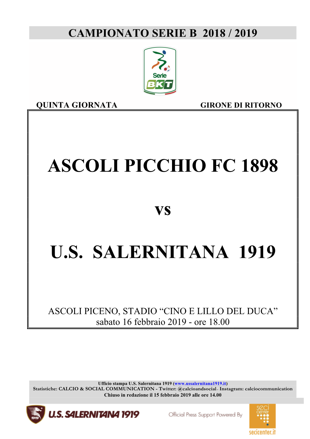 ASCOLI PICCHIO FC 1898 Vs U.S. SALERNITANA 1919