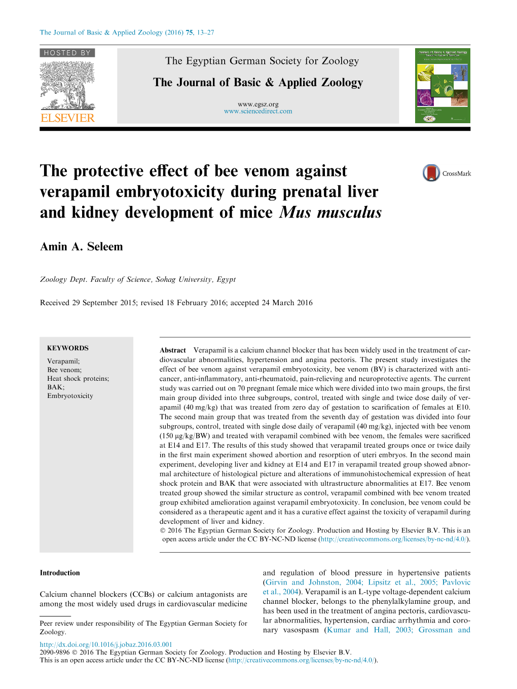 The Protective Effect of Bee Venom Against Verapamil Embryotoxicity