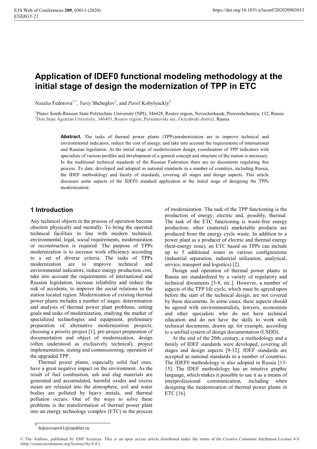 Application of IDEF0 Functional Modeling Methodology at the Initial Stage of Design the Modernization of TPP in ETC