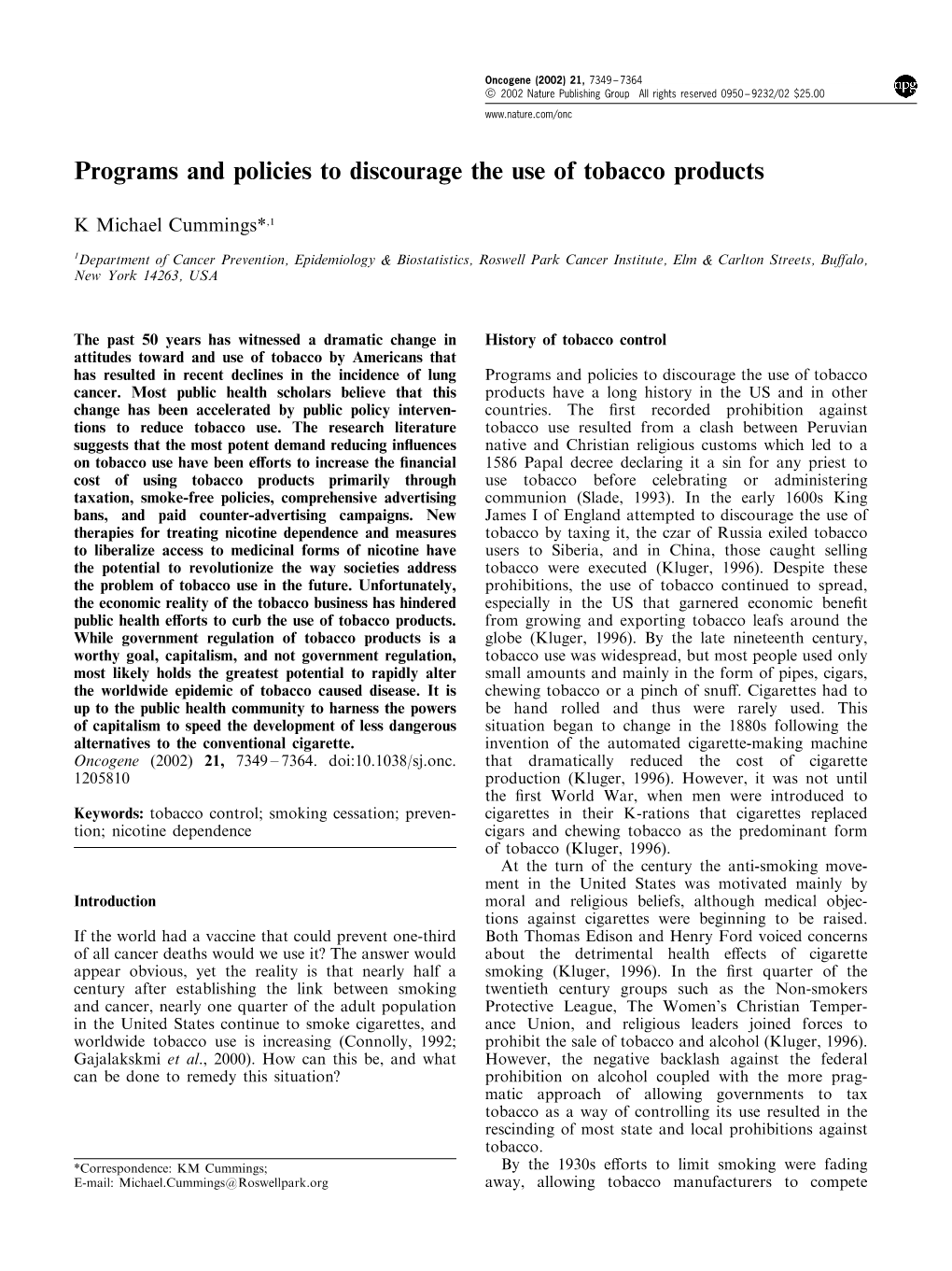 Programs and Policies to Discourage the Use of Tobacco Products