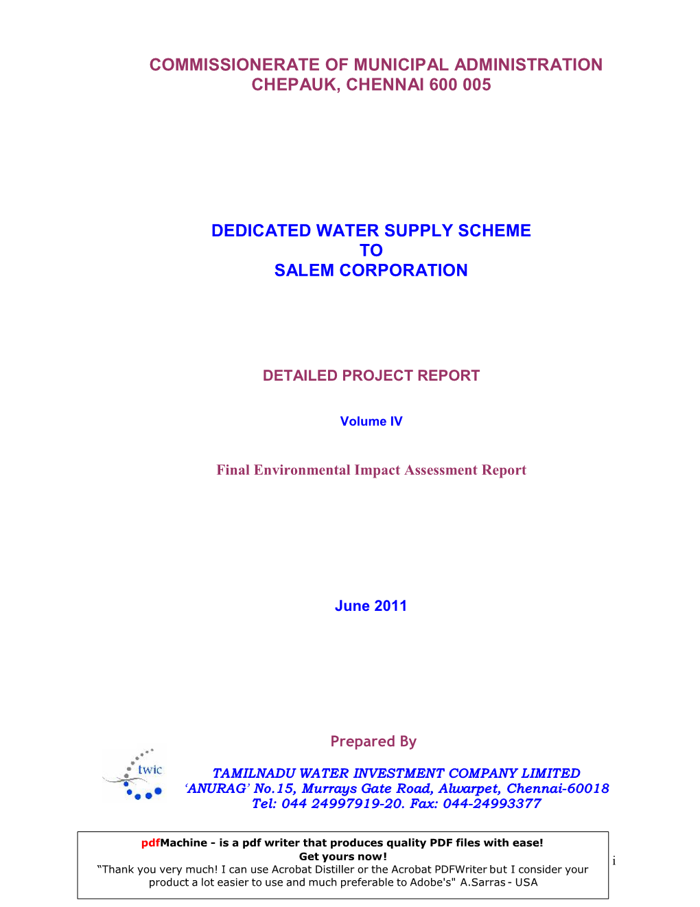 Dedicated Water Supply Scheme to Salem Corporation