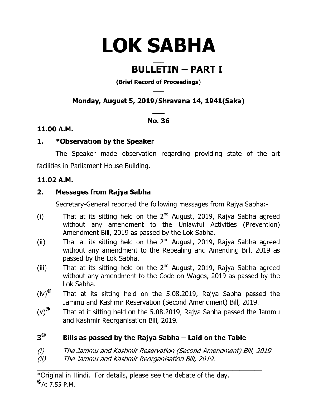 Lok Sabha ___ Bulletin – Part I