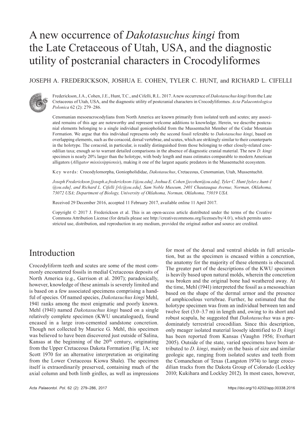 A New Occurrence of Dakotasuchus Kingi from the Late Cretaceous of Utah, USA, and the Diagnostic Utility of Postcranial Characters in Crocodyliformes