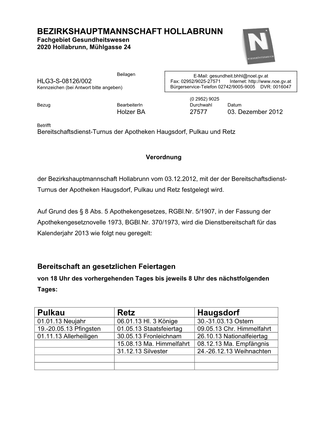 BEZIRKSHAUPTMANNSCHAFT HOLLABRUNN Pulkau Retz Haugsdorf