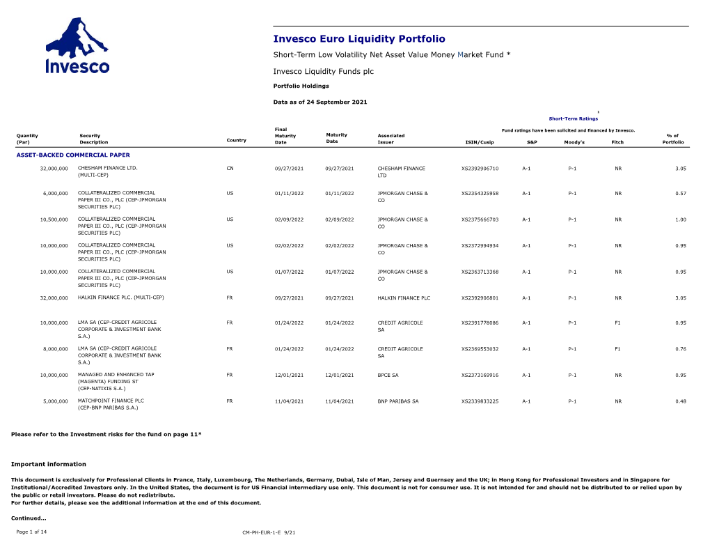 Invesco Euro Liquidity Portfolio Short-Term Low Volatility Net Asset Value Money Market Fund *