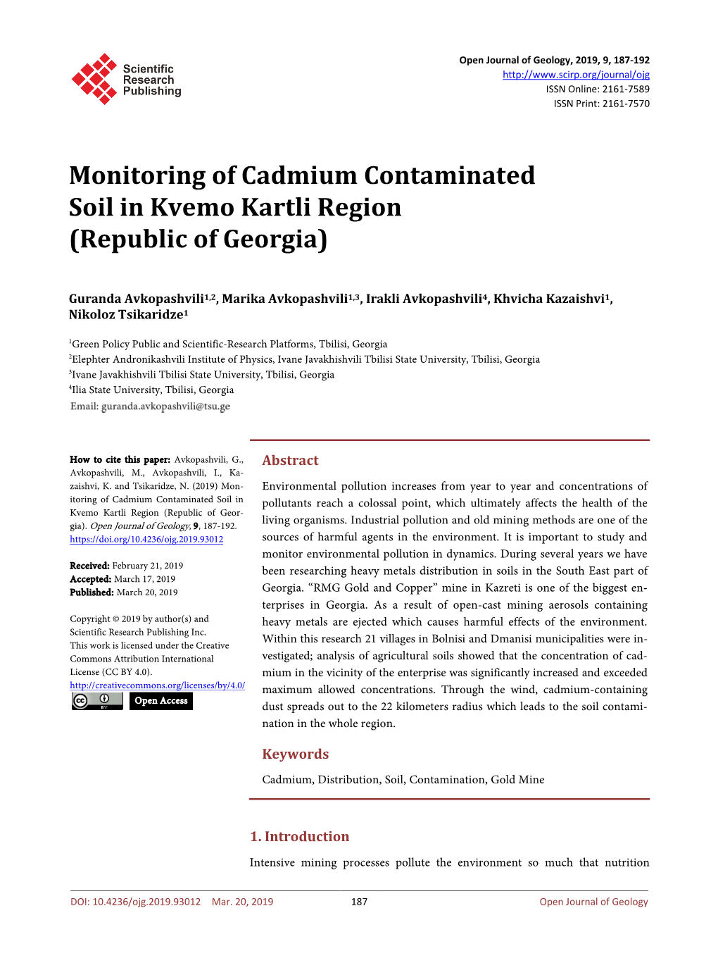 Monitoring of Cadmium Contaminated Soil in Kvemo Kartli Region (Republic of Georgia)