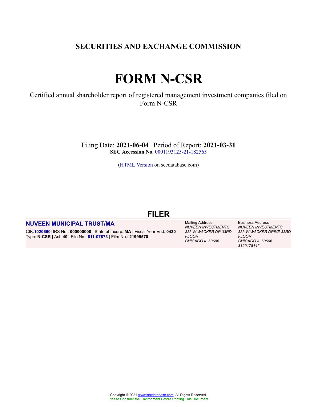 NUVEEN MUNICIPAL TRUST/MA Form N-CSR