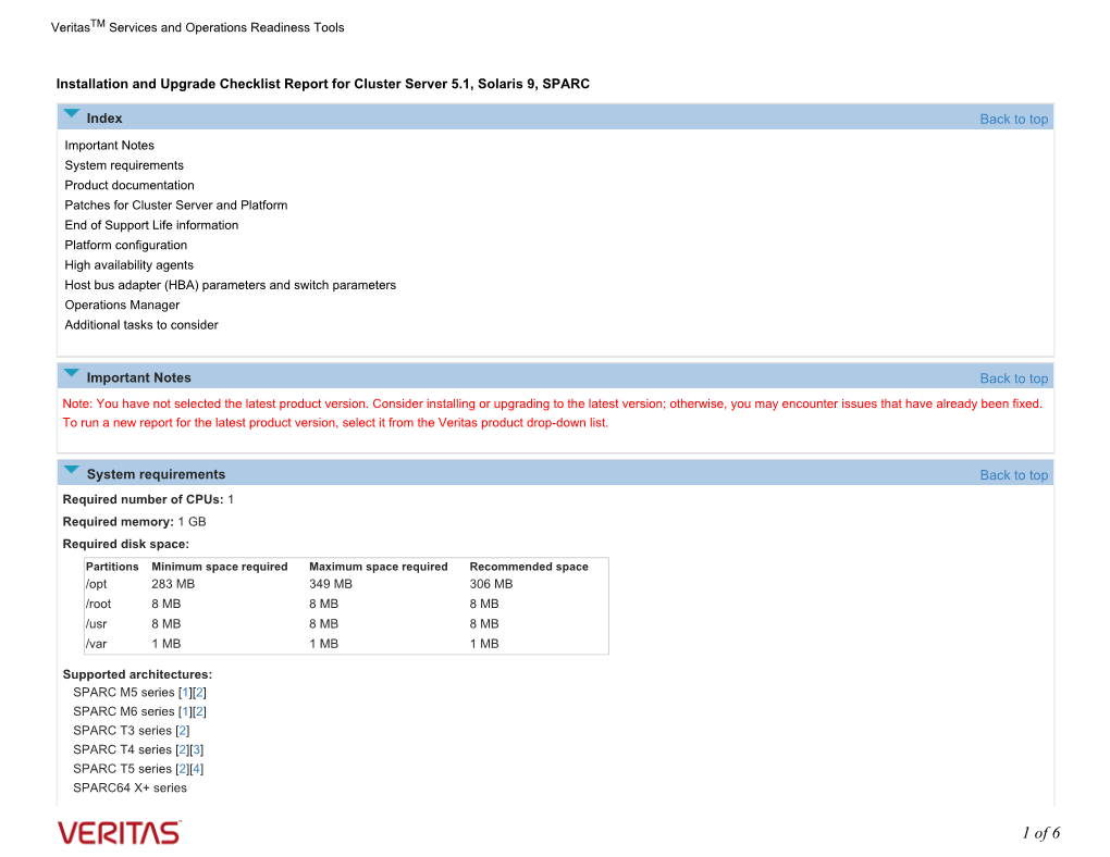 Installation and Upgrade General Checklist Report