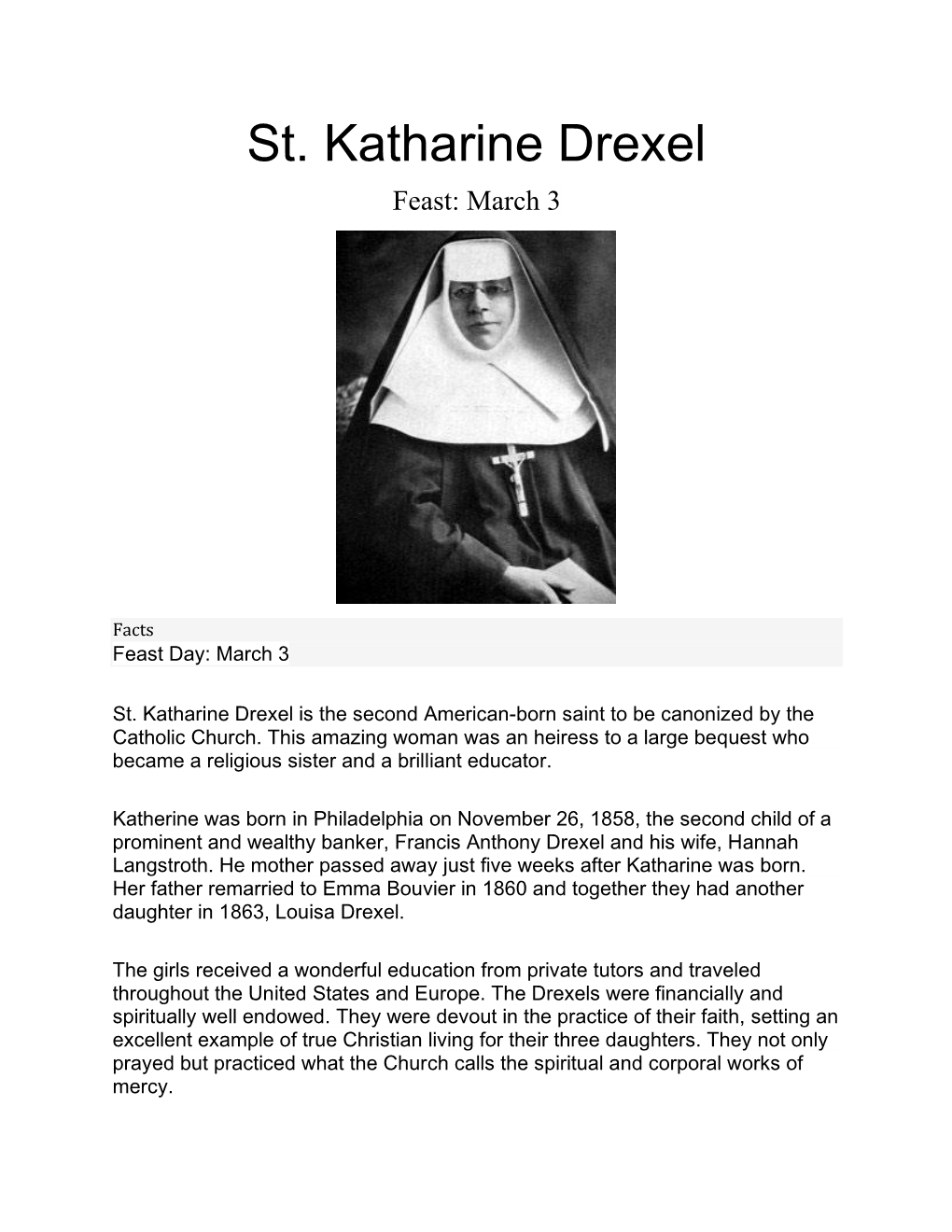 St. Katharine Drexel Feast: March 3