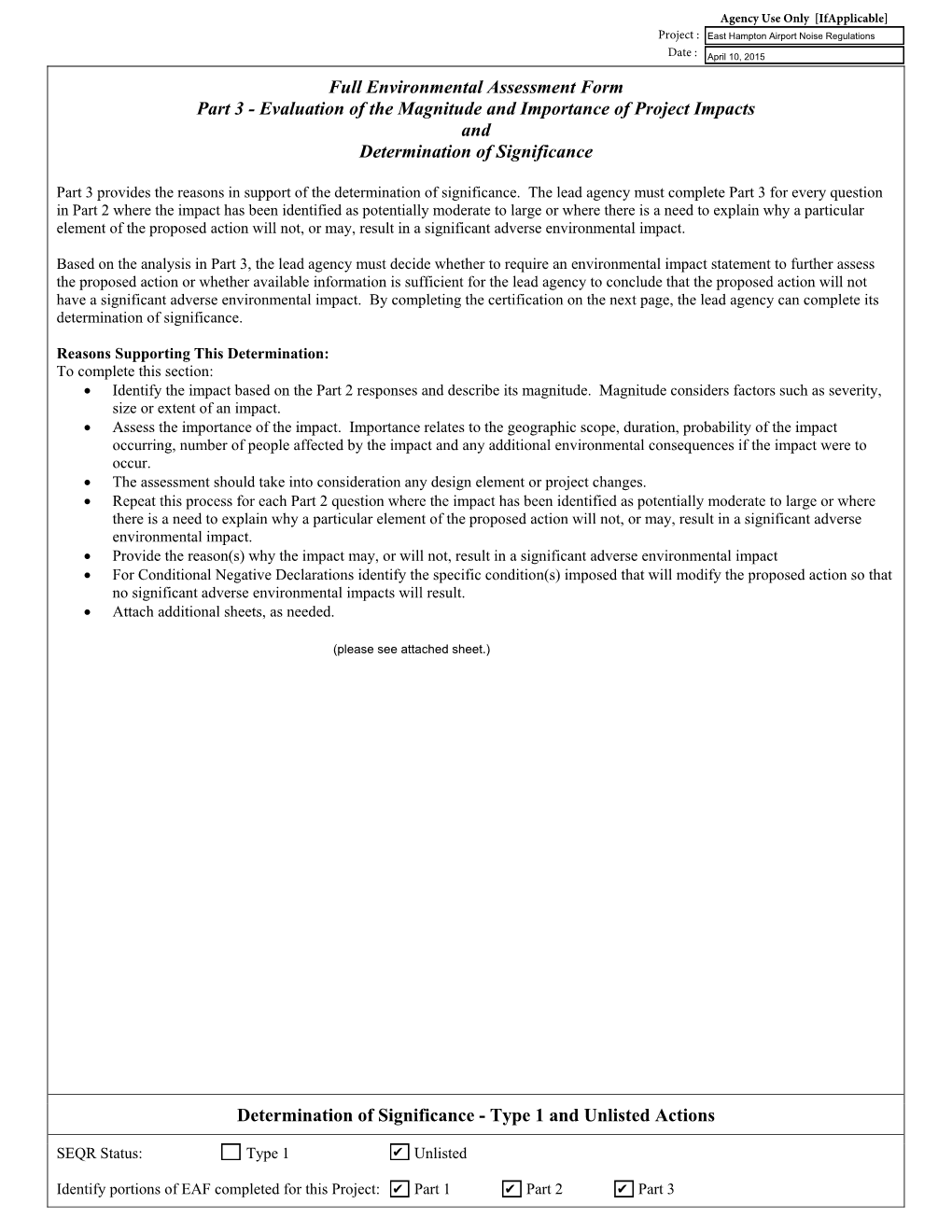 Full Environmental Assessment Form Part 3 - Evaluation of the Magnitude and Importance of Project Impacts and Determination of Significance