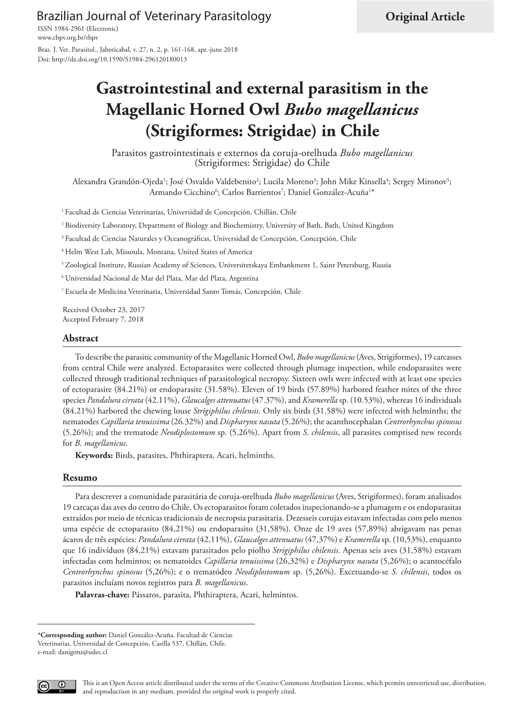 Gastrointestinal and External Parasitism in the Magellanic Horned Owl Bubo Magellanicus