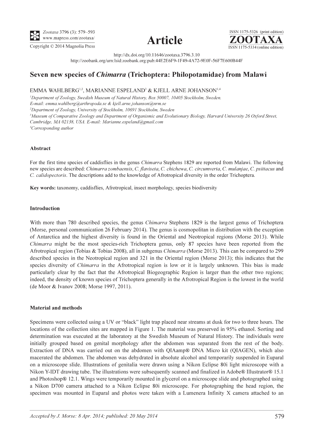 Seven New Species of Chimarra (Trichoptera: Philopotamidae) from Malawi