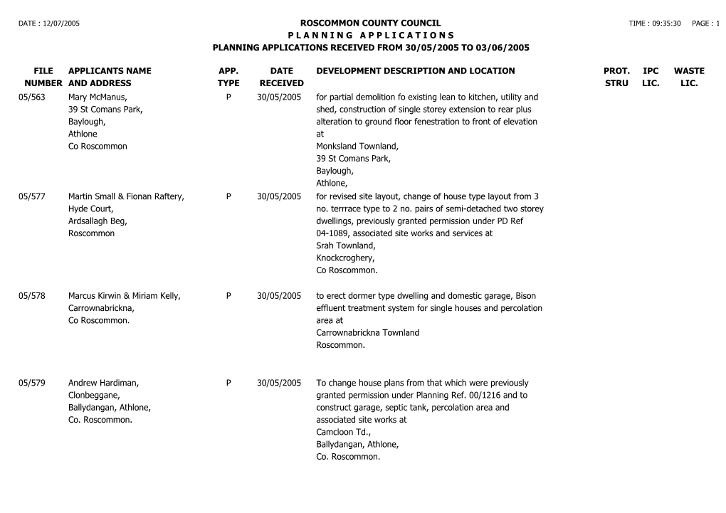 Roscommon County Council Time : 09:35:30 Page : 1 P L a N N I N G a P P L I C a T I O N S Planning Applications Received from 30/05/2005 to 03/06/2005