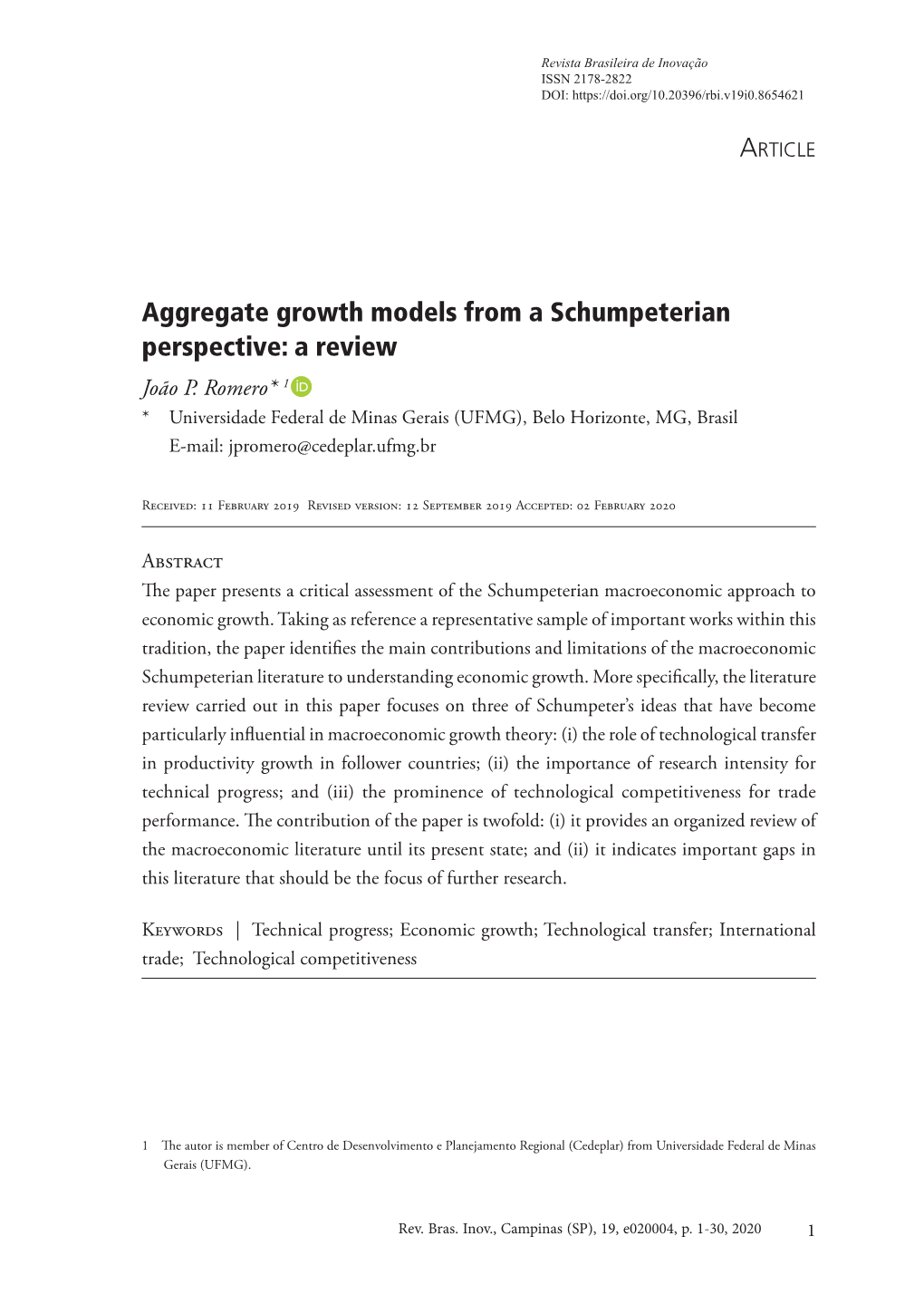 Aggregate Growth Models from a Schumpeterian Perspective: a Review João P