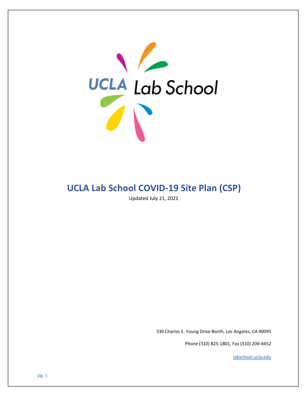 UCLA Lab School COVID-19 Site Plan (CSP) Updated July 21, 2021