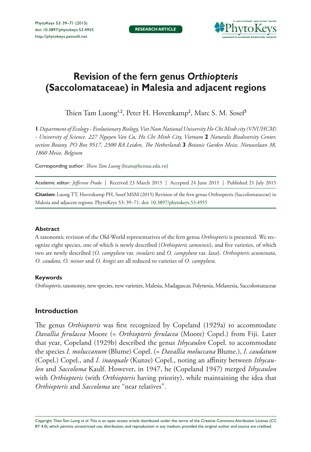 Revision of the Fern Genus Orthiopteris (Saccolomataceae)