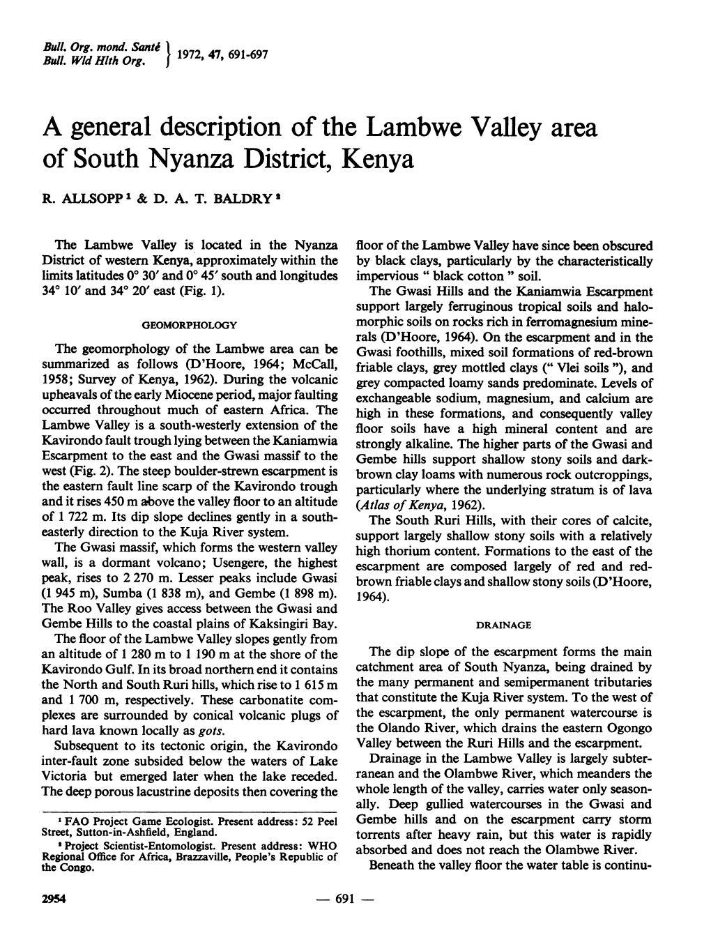A General Description of the Lambwe Valley Area of South Nyanza District, Kenya R
