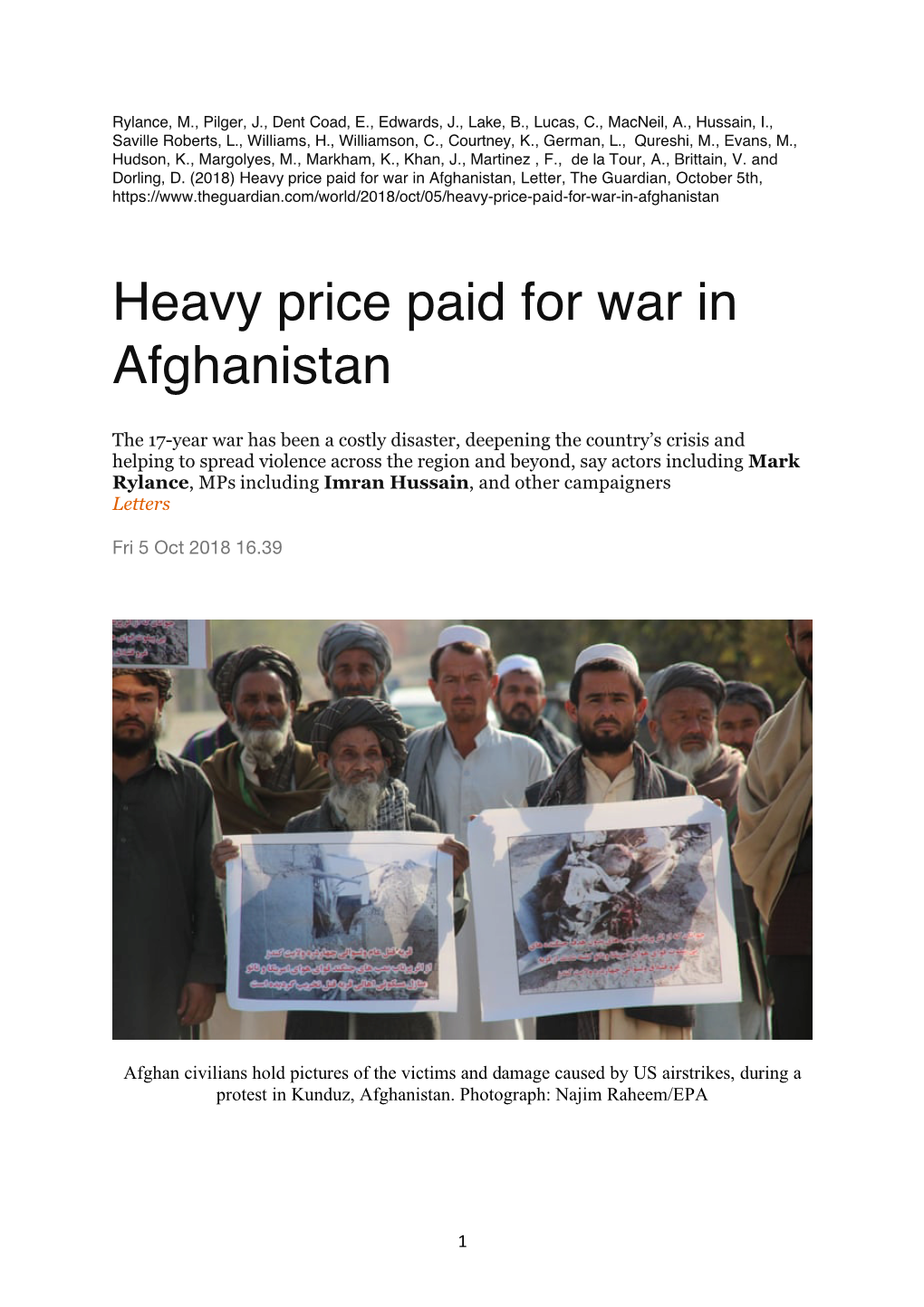 Heavy Price Paid for War in Afghanistan, Letter, the Guardian, October 5Th