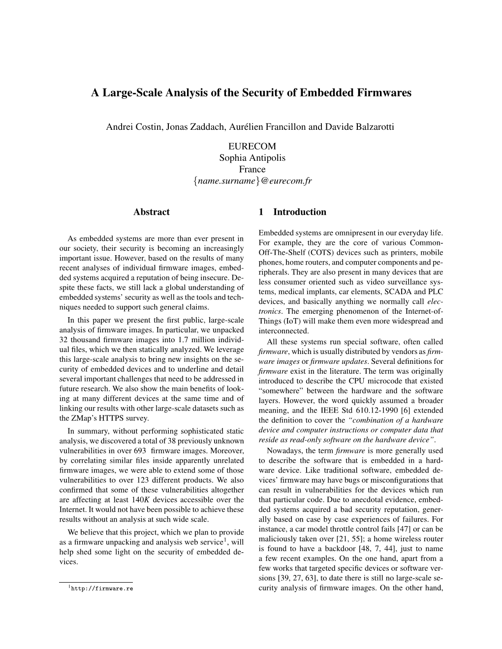 A Large-Scale Analysis of the Security of Embedded Firmwares