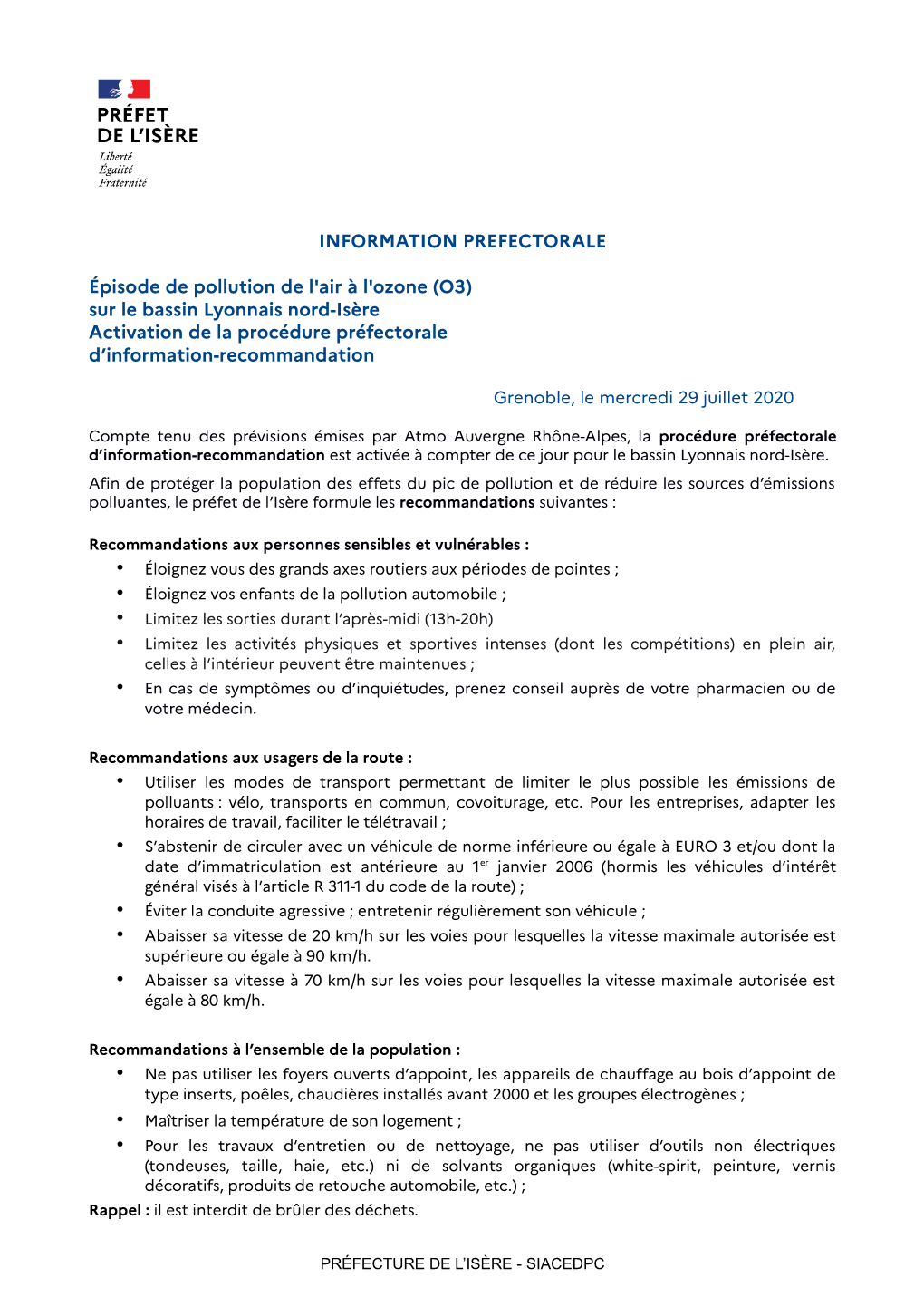 INFORMATION PREFECTORALE Épisode De Pollution De L'air À L'ozone (O3) Sur Le Bassin Lyonnais Nord-Isère Activation De La Proc