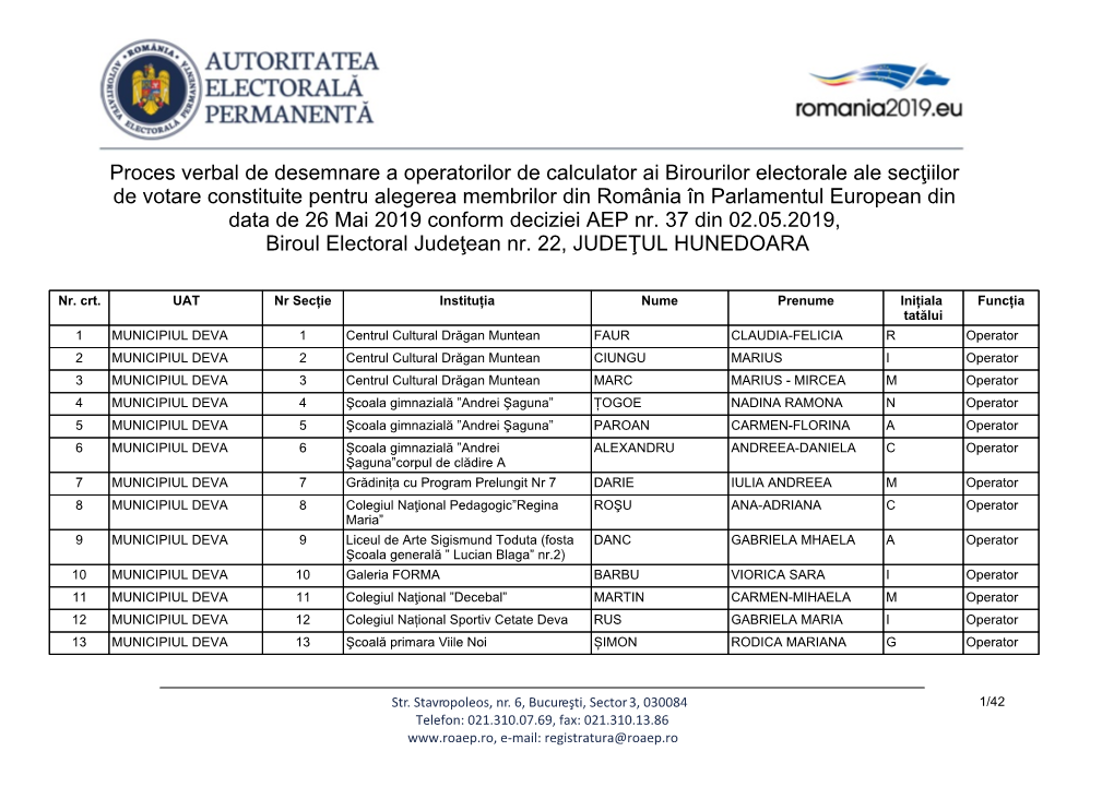 HUNEDOARA ܇&2$/Ă*(1(5$/Ă15 62 MUNICIPIUL 62 ܇FRDOD*LPQD]Ldoă1U )267$ MURG CARMEN-MARIA G Operator HUNEDOARA ܇&2$/Ă*(1(5$/Ă15