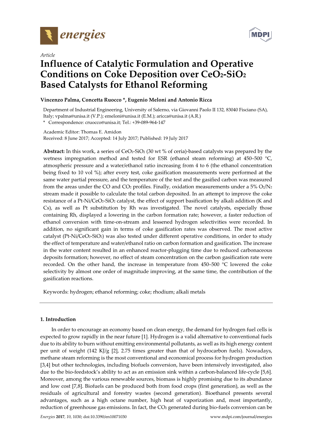 Influence of Catalytic Formulation and Operative Conditions on Coke Deposition Over Ceo2-Sio2 Based Catalysts for Ethanol Reforming