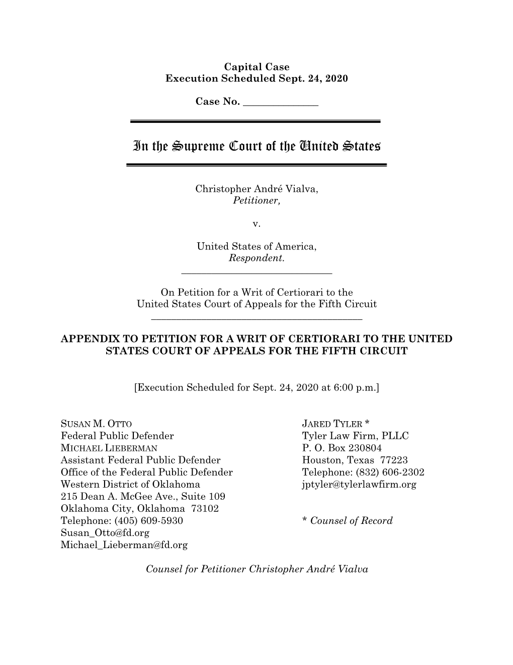 Appendix to Petition for a Writ of Certiorari to the United States Court of Appeals for the Fifth Circuit