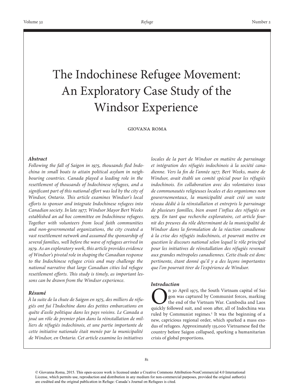 The Indochinese Refugee Movement: an Exploratory Case Study of the Windsor Experience