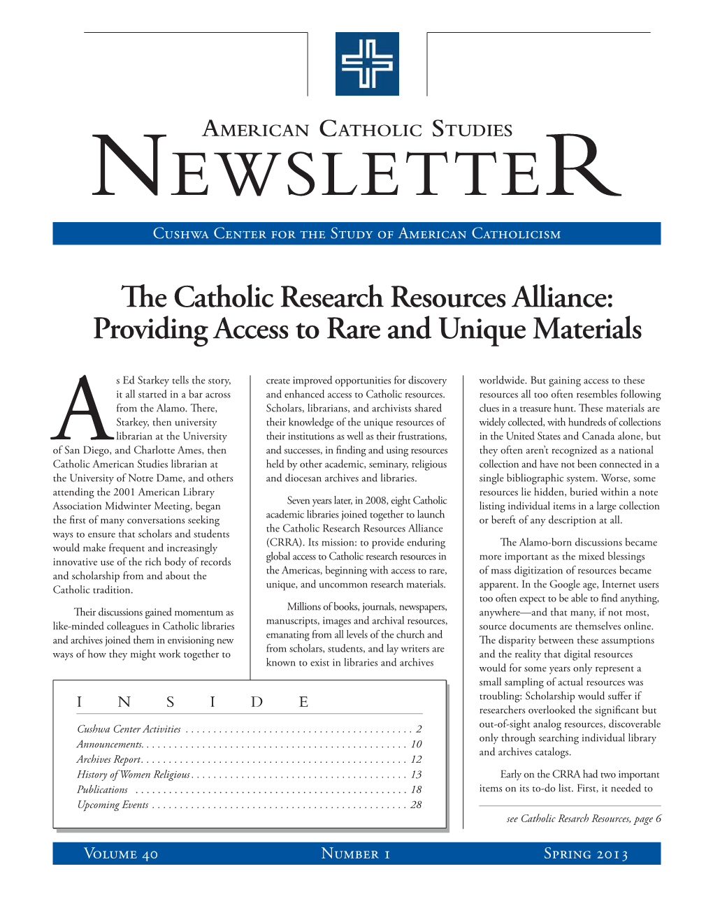 American Catholic Studies Newsletter Spring 2013