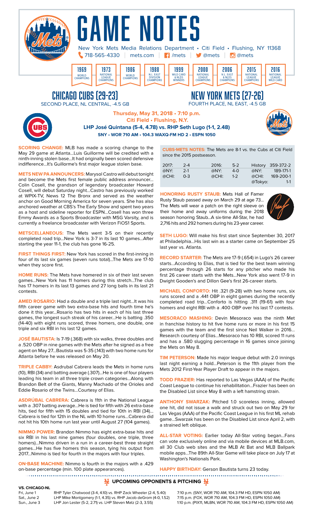 GAME NOTES New York Mets Media Relations Department • Citi Field • Flushing, NY 11368 718-565-4330 | Mets.Com | /Mets | @Mets | @Mets