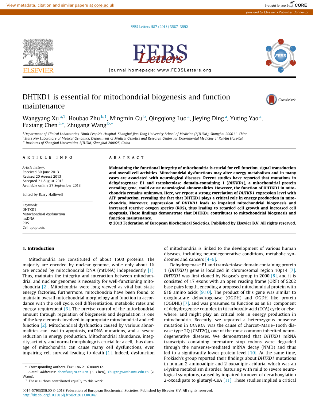 DHTKD1 Is Essential for Mitochondrial Biogenesis and Function Maintenance