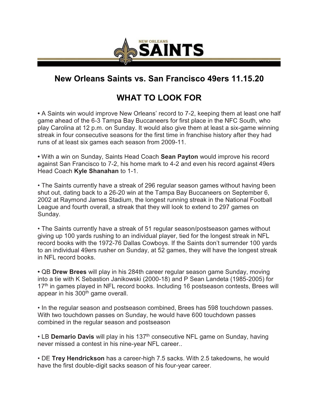 New Orleans Saints Vs. San Francisco 49Ers 11.15.20 WHAT to LOOK