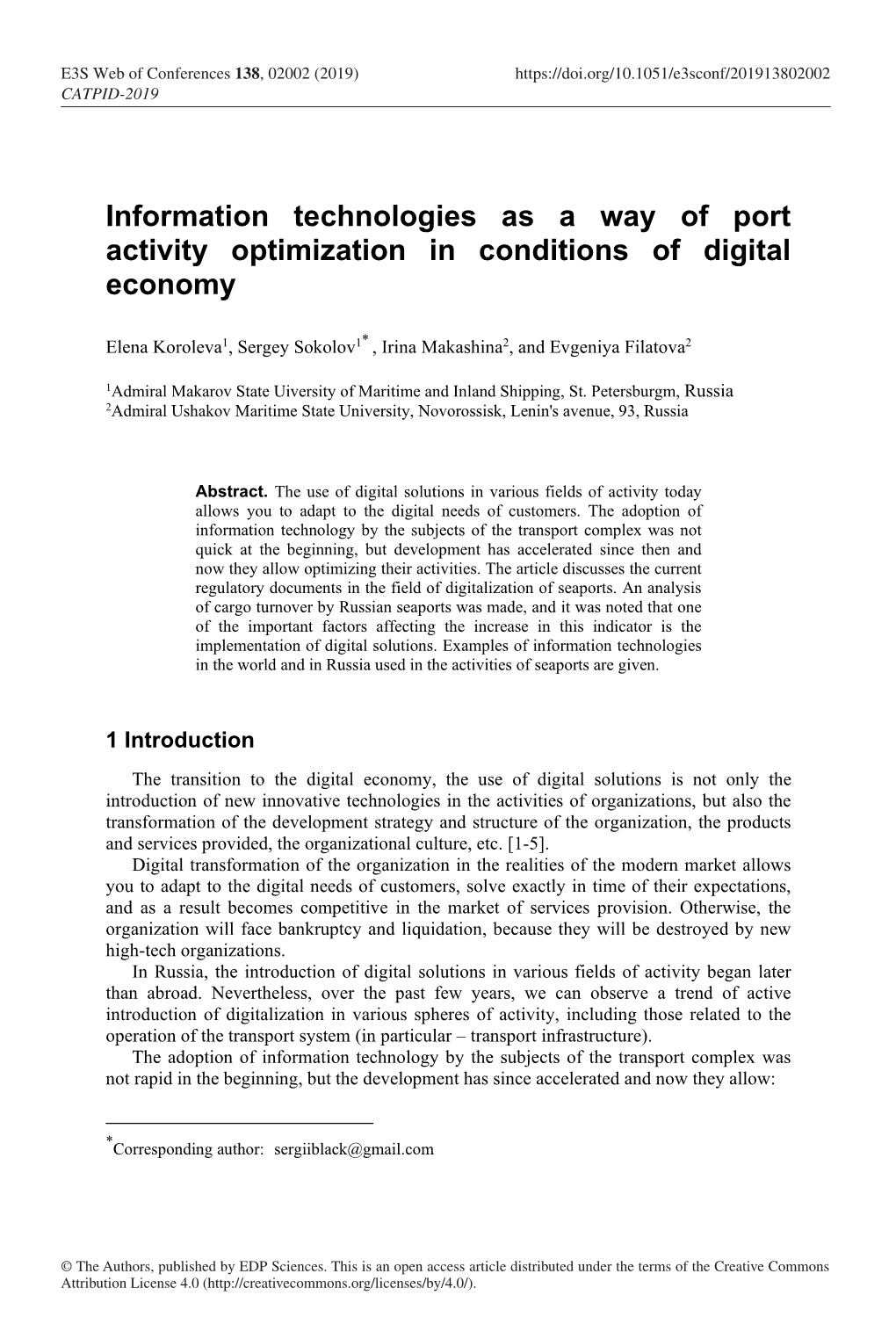 Information Technologies As a Way of Port Activity Optimization in Conditions of Digital Economy