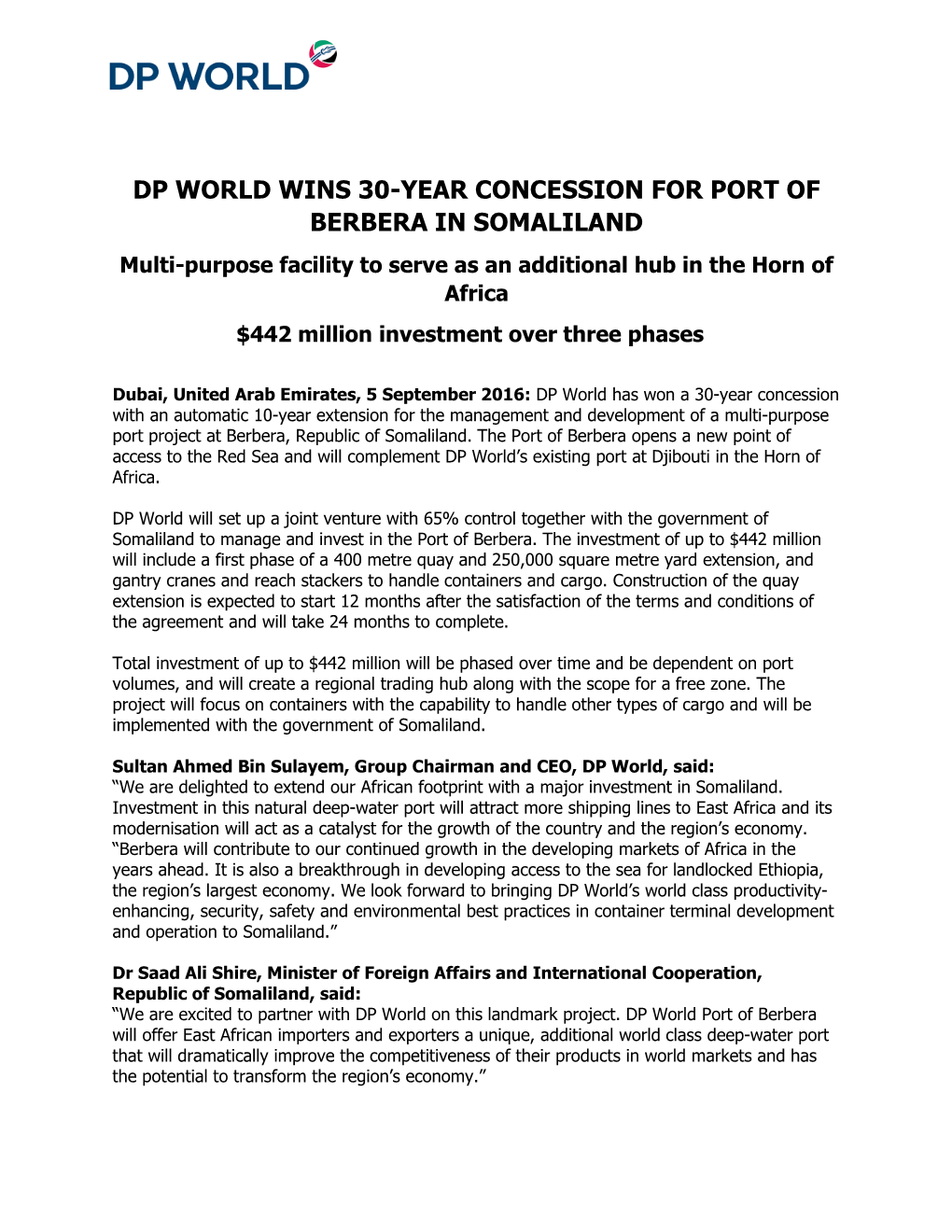 Dp World Wins 30-Year Concession for Port of Berbera in Somaliland
